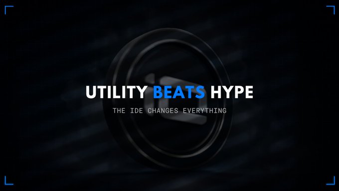 The image features a bold, centered tagline on a dark, textured background that reads "UTILITY BEATS HYPE" with "BEATS" highlighted in blue, accompanied by the subtitle "THE IDE CHANGES EVERYTHING." This message reinforces the post's argument about io.net, contrasting it with typical DePIN networks whose token rewards far exceed actual revenue, and positioning io.net as a leader in genuine real revenue prior to its IDE launch.