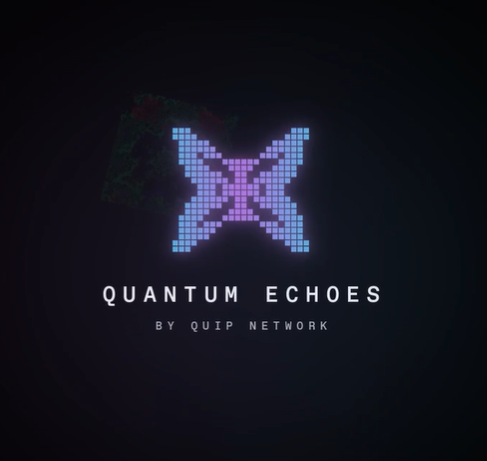 A digital logo for 'QUANTUM ECHOES BY QUIP NETWORK' displayed against a dark background with a pixelated 'X' design in blue and purple.