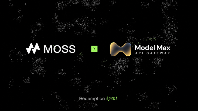 A dark graphic displaying a partnership or collaboration between 'MOSS' and 'Model Max API GATEWAY' with the text 'Redemption Agent' at the bottom.
