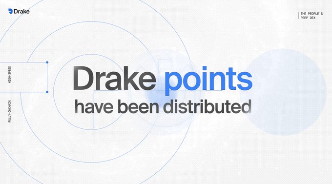 A Drake platform announcement graphic with the text 'Drake points have been distributed' alongside the Drake logo and 'THE PEOPLE'S PERP DEX' label.