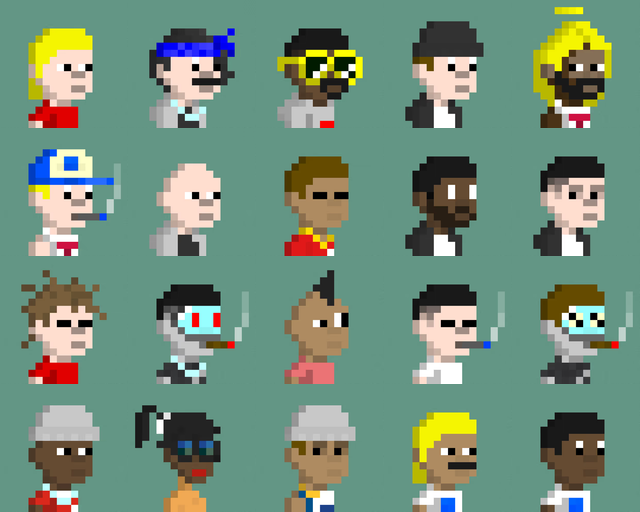 A pixel art collection of 20 diverse character portraits arranged in a 5x4 grid, each wearing various outfits and accessories in different colors and styles.