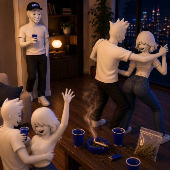 A 3D-rendered scene of stylized, faceless characters partying in an apartment overlooking a city skyline at night, with a coffee table holding cups, a smoking ashtray, and a bag of green plant material.
