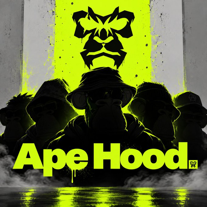 The image features a dark, stylized group of hooded figures with glowing eyes standing beneath a fierce tribal-style gorilla mask emblem, all bathed in neon yellow-green lighting. The bold text "ApeHood" dominates the lower portion in matching neon lettering, tying into the post's reference to ticker $HOOD and the signature #ccff00 glow associated with the Based Ape Gang aesthetic.