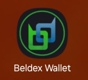 The Beldex Wallet app icon featuring interlocking green and blue geometric shapes on a dark circular background with a brown backdrop.