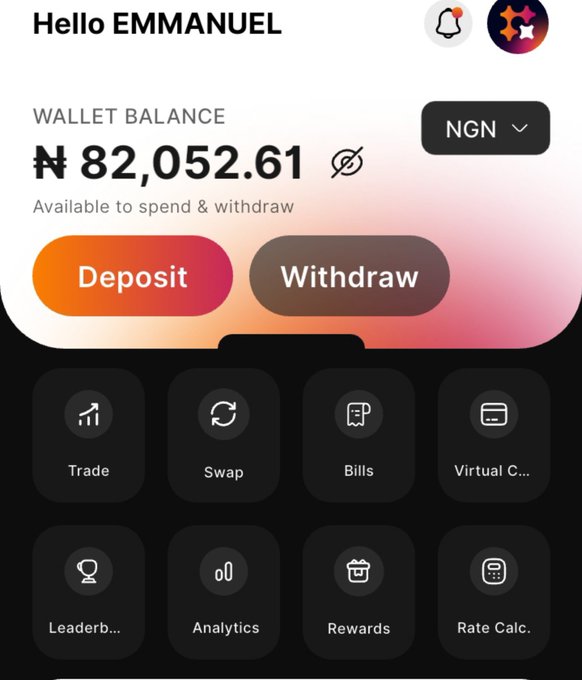 The image shows a mobile app dashboard greeting "EMMANUEL" with a wallet balance of ₦82,052.61 NGN available to spend & withdraw, featuring Deposit and Withdraw buttons alongside quick-access tools like Trade, Swap, Bills, Virtual Card, Analytics, Rewards, and Rate Calculator. It appears to be a screenshot of the Quickchain app being promoted in the post, demonstrating a user's wallet interface to encourage others to register.