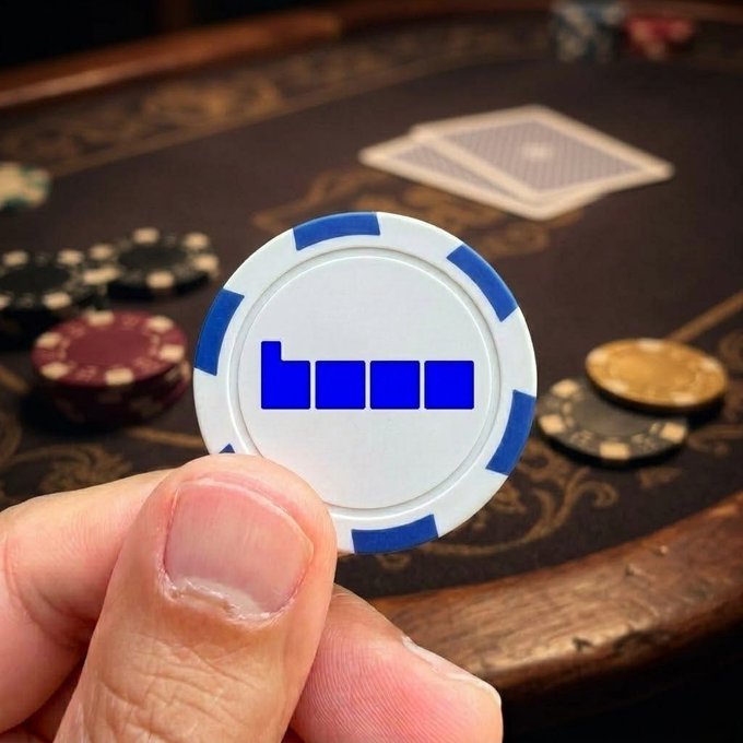 A hand grips a white and blue poker chip with a blue logo, poised over a wooden casino table scattered with chips, cards, and a folded hand. The image visually reinforces the post's "Time to build, trade & make moves" message, symbolizing calculated risk and strategic gameplay in both crypto and gambling.