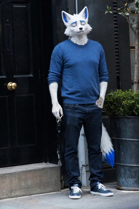 A person stands on a sidewalk wearing a white fox mask, a blue sweater, dark jeans, and blue sneakers, with a fox tail visible behind them.