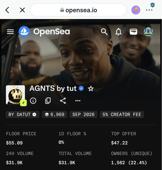 A mobile screenshot of the OpenSea.io NFT marketplace page for the 'AGNTS by tut' collection, showing a floor price of $55.09, 24H volume of $31.9K, total volume of $31.9K, and 1,562 unique owners with a 5% creator fee.