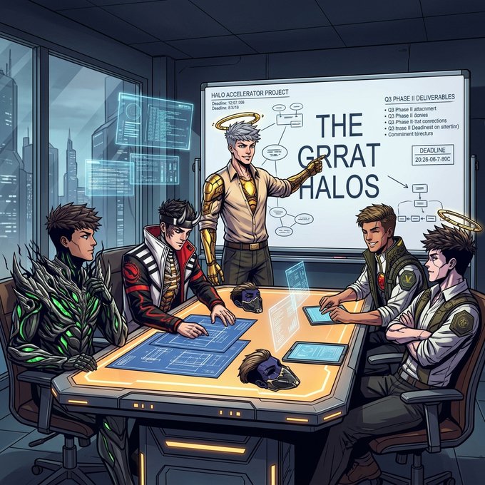 A digital illustration shows five characters gathered around a holographic table in a futuristic meeting room, with a whiteboard displaying 'HALO ACCELERATOR PROJECT' and 'THE GRRAT HALOS'.