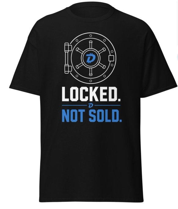 A black t-shirt design featuring a vault door logo with a 'D' in the center and the text 'LOCKED. NOT SOLD.' in white and blue lettering.