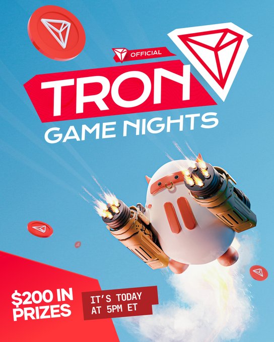 A promotional poster for 'TRON GAME NIGHTS' featuring a flying pig with jet engines, advertising '$200 IN PRIZES' and 'IT'S TODAY AT 5PM ET'.