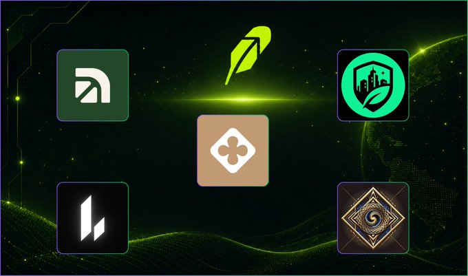The image displays five project logos against a dark green digital background, including a green feather icon at the top center, a tan box with a cross symbol in the middle, and four surrounding logos: an "R" emblem, an eco-shield with buildings, a black square with green bars, and a golden diamond shape. These appear to represent the RWA (Real World Assets) x DeFi ecosystem plays mentioned in the post, which highlights projects like Arcus (built by dYdX Labs with Robinhood Crypto investment) alongside other tokens being built around the Robinhood Chain ecosystem.