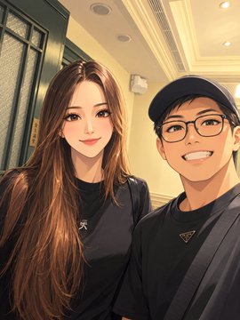 An anime-style illustration of a young couple smiling together; the woman has long brown hair and the man wears a black cap, glasses, and a black shirt.