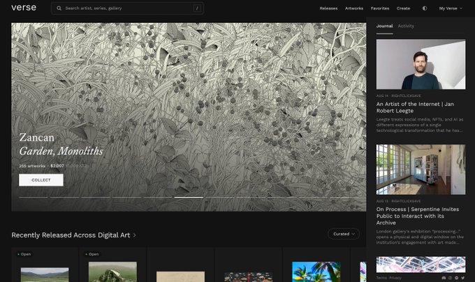 A screenshot of the 'verse' digital art gallery website featuring an artwork titled 'Garden, Monoliths' by Zancan, with a sidebar of journal articles.