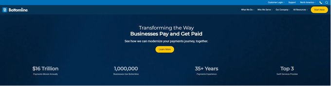 The image shows the Bottomline homepage with the tagline "Transforming the Way Businesses Pay and Get Paid," highlighting stats like $16 trillion in payments processed annually and 1,000,000+ businesses using their platform.

The connection to the post is that Bottomline is one of the enterprise payment service providers adopting blockchain infrastructure (likely Chainlink's CRE/CCIP, as the caption appears cut off) for real-time settlement, similar to how BIS is testing XRPL for economic data publishing—both representing traditional finance's move toward blockchain rails for core payment and data workflows.