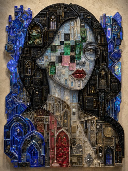 A detailed, intricate mosaic-style artwork depicting a woman's face with a red jewel for a lip, composed of small architectural and decorative elements.