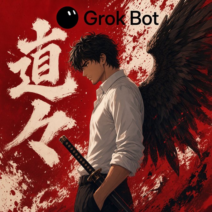 Anime-style artwork of a dark-haired man in a white shirt holding a katana with black angel wings, featuring Japanese kanji characters and 'Grok Bot' text on a red splattered background.