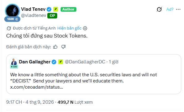 A screenshot of an X (Twitter) post by Vlad Tenev (@vladtenev) quoting Dan Gallagher (@DanGallagherDC) about U.S. securities laws, translated into Vietnamese, timestamped 9:17 AM on September 4, 2026.