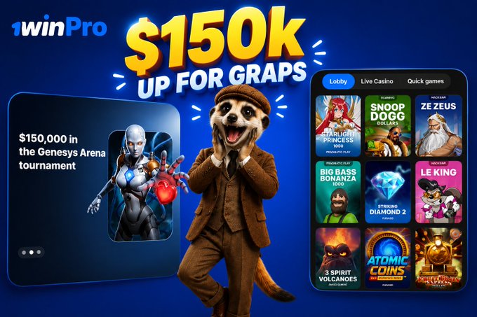 A cheerful meerkat in a brown suit poses excitedly beside a "1winPro" promotional graphic advertising a "$150K UP FOR GRABS" tournament with $150,000 in the Genesys Arena, alongside a screenshot of the casino's game lobby featuring titles like Snoop Dogg Dollars, Zeus, and Le King.