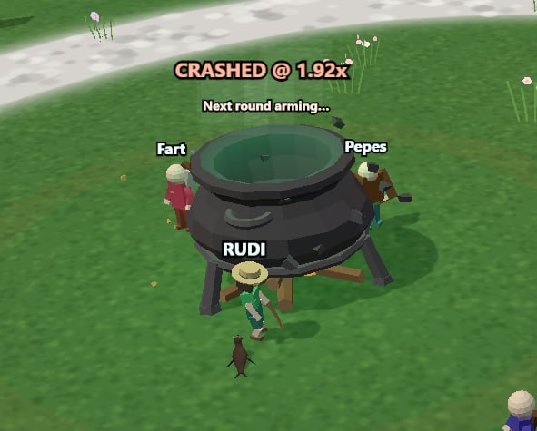 A cartoonish multiplayer game scene showing characters named Fart, RUDI, and Pepes around a large black cauldron with text reading "CRASHED @ 1.92x" and "Next round arming..."