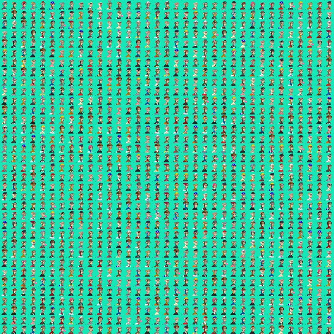A dense grid of pixel art character sprites on a teal background.