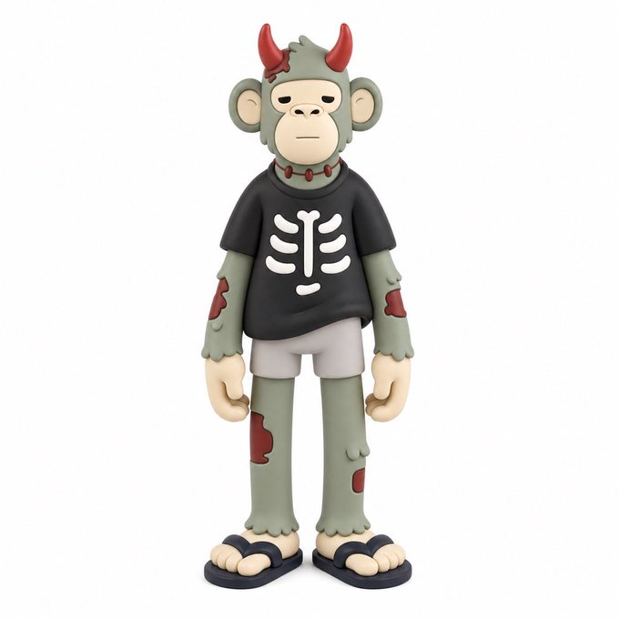 A 3D-rendered designer toy of a monkey-like figure wearing a devil-horned beanie and a black shirt with a white ribcage skeleton design.