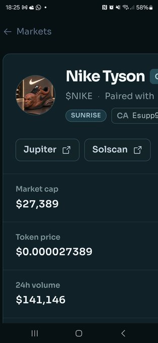 A mobile screenshot from a Markets app displays a cryptocurrency or token called 'Nike Tyson' ($NIKE) with a market cap of $27,389, a token price of $0.000027389, and a 24h volume of $141,146.
