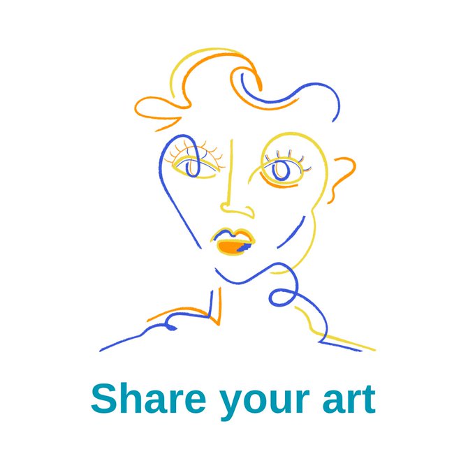 A stylized line drawing of a face in blue and orange with "Share your art" written below, illustrating the post's invitation to submit artwork for potential acquisition in tez.