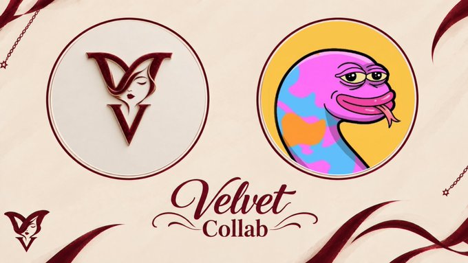 A promotional graphic titled "Velvet Collab" featuring two circular logos side by side: one with a stylized 'V' and a woman's face, and another with a colorful cartoon character on a yellow background.