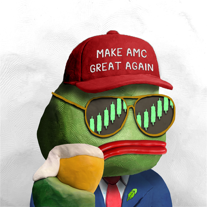A digital illustration of a Pepe the Frog character wearing a red 'MAKE AMC GREAT AGAIN' hat, green sunglasses reflecting stock chart candlesticks, a blue suit with a red tie, and drinking from a mug of beer.