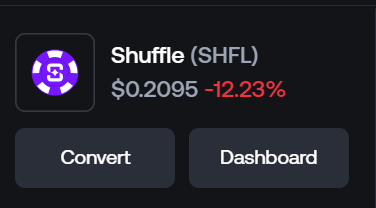 A cryptocurrency widget displays 'Shuffle (SHFL)' with a price of $0.2095 and a decline of -12.23%, featuring Convert and Dashboard buttons.