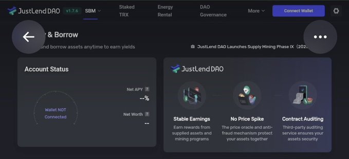The image shows the JustLendDAO website (v1.7.6) displaying a "Lend & Borrow" page with a "Wallet NOT Connected" status and three feature highlights: "Stable Earnings" from supplied assets and mining programs, "No Price Spike" protection, and "Contract Auditing" by third parties. This visual relates to the post by illustrating the platform where TRX staking takes place, showing the interface users would interact with to stake their $TRX and receive $sTRX in return, emphasizing the platform's security features and yield-earning capabilities.