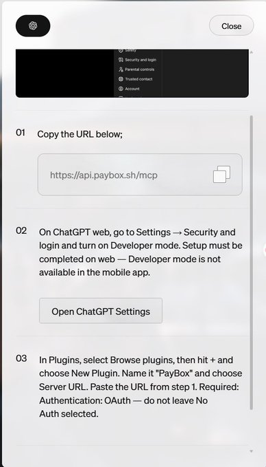 A mobile app screenshot displays instructions for setting up a ChatGPT plugin called PayBox, including the URL https://api.paybox.sh/mcp and steps involving Developer mode and OAuth authentication.