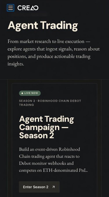 A promotional screenshot for CREAO's "Agent Trading" campaign, featuring a "Live Now" banner for Season 2 of the Robinhood Chain Debot Trading competition, inviting users to build event-driven trading agents and compete on ETH-denominated PnL, which aligns with the post announcing the CREAO AI × Debot × Kite trading contest starting with 0.1 ETH per participant.