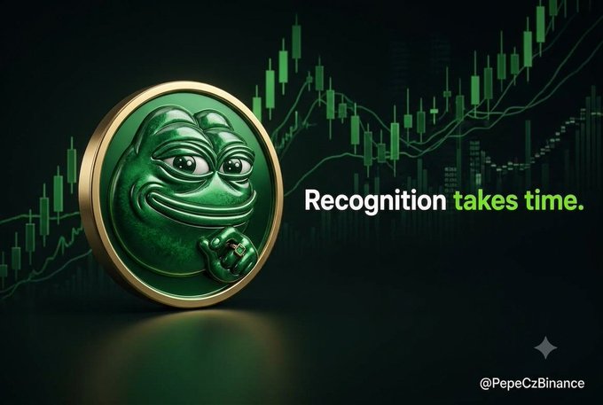 A Pepe the Frog cryptocurrency meme coin is displayed in green with stock chart candlesticks in the background and the text "Recognition takes time" alongside the handle "@PepeCzBinance".