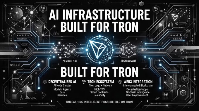 A promotional graphic titled 'AI INFRASTRUCTURE BUILT FOR TRON' featuring the TRON logo and sections for Decentralized AI, TRON Ecosystem, and Web3 Integration.