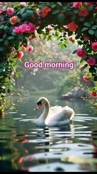 A white swan glides on water beneath an arch of pink roses, with the text 'Good morning' displayed in purple.