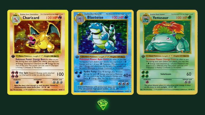 Three holographic Pokemon cards displayed side by side: Charizard (Fire Spin, 100 damage), Blastoise (Hydro Pump, 40+ damage), and Venusaur (Solarbeam, 60 damage), all as 'Evolves from' Stage 2 cards.