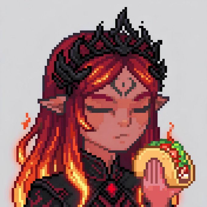 A pixel art illustration of a red-haired elven-like female character with a dark spiked crown and pointed ears, holding a green and red orb.