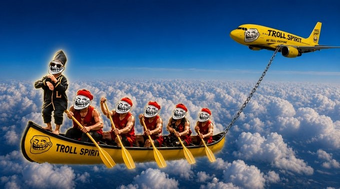 A surreal digital artwork depicting a 'Troll Spirit' yellow blimp towing a matching yellow canoe through the clouds, filled with rowing men wearing troll face masks and red shirts, led by a pointing troll-faced figure at the bow.