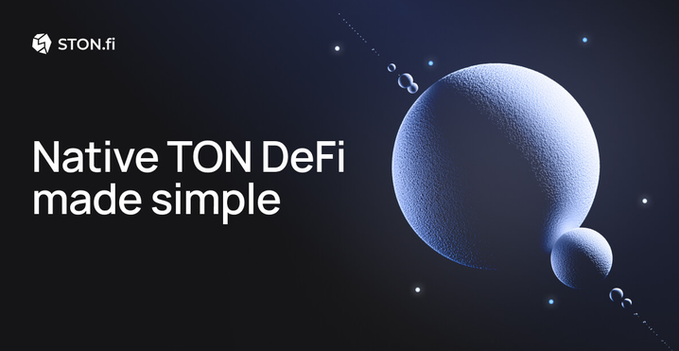 A promotional graphic for 'STON.fi' with the tagline 'Native TON DeFi made simple,' featuring a blue planet-like sphere with smaller moons on a dark starry background.