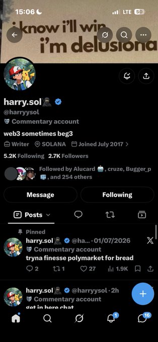 A mobile screenshot of a Twitter profile for 'harry.sol (@harryysol)', a verified commentary account joined in July 2017, with pinned posts about Polymarket.