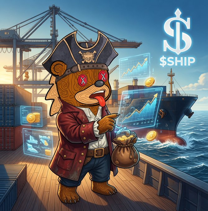 An illustration of a bear pirate holding a bag of coins on a ship deck, featuring the '$SHIP' ticker logo and trading charts.