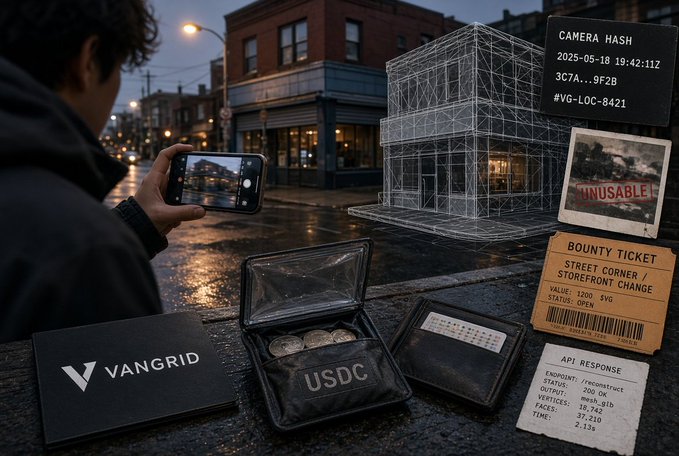 A person uses a smartphone to photograph a wireframe building overlay on a street, with documents labeled 'CAMERA HASH', 'BOUNTY TICKET' ($200), 'API RESPONSE', and a wallet labeled 'USDC' alongside a 'VANGRID' card.