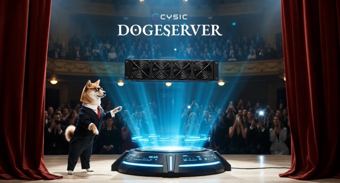 A promotional image for 'CYSIC DOGESERVER' featuring a Doge character in a suit presenting a server rack on a glowing platform before an audience in a theater with red curtains.