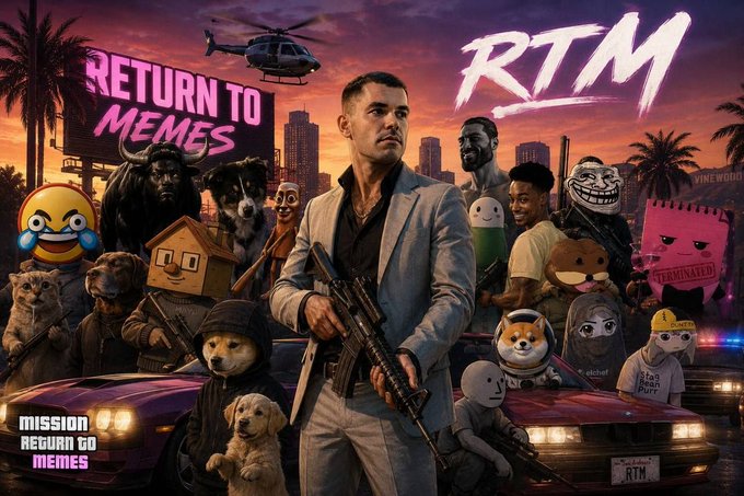 The image is a stylized "Return to Memes" (RTM) parody of a GTA Vice City-style cover, featuring a suited man with a rifle surrounded by iconic internet meme characters—including Doge, Shiba Inu, the crying laughing emoji, Trollface, the pink notebook guy, and a bull—with text "RETURN TO MEMES," "MISSION: RETURN TO MEMES," and "RTM." It visually ties to the "MEMECOIN SUPERCYCLE" post by framing the resurgence of meme coins as a cinematic, action-packed return of these beloved meme mascots to the crypto scene.