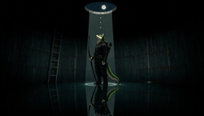 A fox-headed figure dressed in tactical gear and carrying a bow stands alone in a dark, cylindrical chamber, gazing up at a beam of light descending from a ceiling opening where three small objects fall toward them, with a ladder leading up the wall and their reflection mirrored on the wet floor below.

The image visually echoes the post's theme of perseverance and waiting for the "next launch" or opportunity—the lone archer standing in darkness, illuminated only by a shaft of hope from above, embodies the idea of remaining patient and prepared while others move on, suggesting that WOOF WORLD ORDER intends to be the reason to stay and rise toward what comes next.