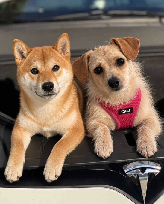 A Shiba Inu dog and a small terrier-type dog wearing a pink harness labeled 'CALI' pose together on the hood of a black Tesla vehicle.