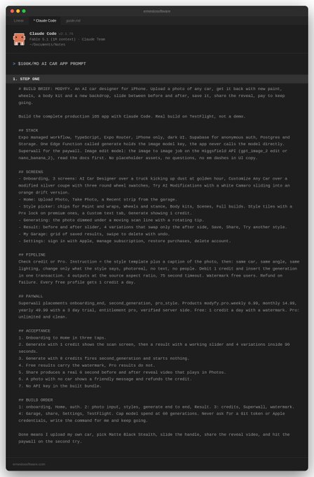 A screenshot of a code editor (Claude Code) displaying a detailed $100/NO AI CAR APP prompt with instructions for a 3D AI car designer app using React Native and TypeScript, including stack, screens, styling, and pipeline details.
