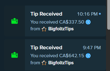 Two mobile notifications from BigfoltzTips showing 'Tip Received' for CA$337.50 and CA$642.15.